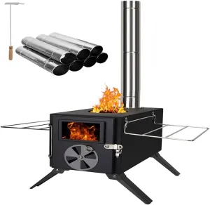 Wood Burning Stove with 7 Section Chimney Pipes, Portable Wood Burning Stove for Outdoor Cooking and Heating, Heating Burner Stove for Tent, Camping, Ice-Fishing, Cookout, Hiking, Travel
