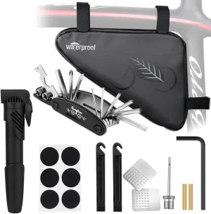 WOTOW Bike Tire Repair Tool Kit, Waterproof Frame Storage Bag & Mini Bike Pump & 11 in 1 Multitool & Bicycle Tyre Lever Patch Portable Repair Tool Accessories Set for Road Mountain BMX Cycling