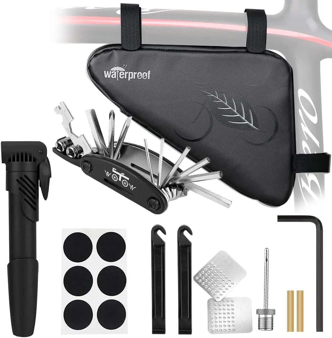 WOTOW Bike Tire Repair Tool Kit, Waterproof Frame Storage Bag & Mini Bike Pump & 11 in 1 Multitool & Bicycle Tyre Lever Patch Portable Repair Tool Accessories Set for Road Mountain BMX Cycling