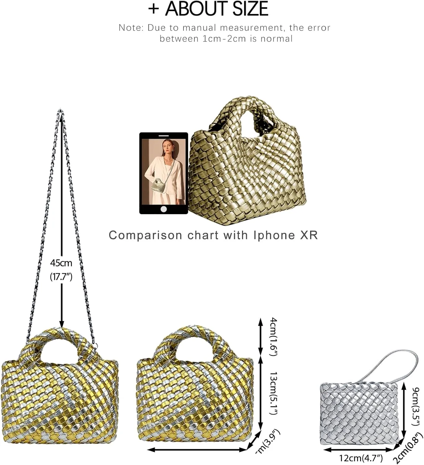 Woven Tote Bag for Women with Coin Purse, Foldable Chain Small Crossbody Handbags, Fashion Shoulder Bag, Hobo Satchel