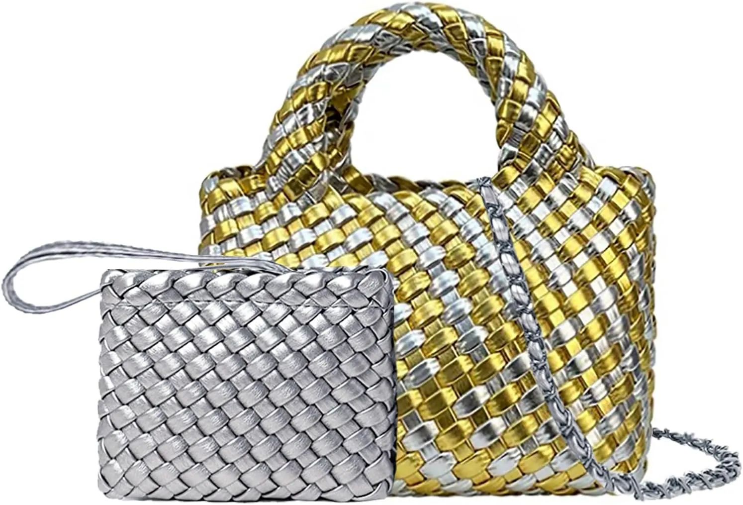 Woven Tote Bag for Women with Coin Purse, Foldable Chain Small Crossbody Handbags, Fashion Shoulder Bag, Hobo Satchel