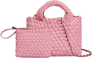 Woven Tote Bag for Women with Coin Purse, Foldable Chain Small Crossbody Handbags, Fashion Shoulder Bag, Hobo Satchel