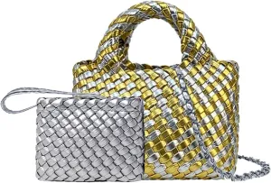 Woven Tote Bag for Women with Coin Purse, Foldable Chain Small Crossbody Handbags, Fashion Shoulder Bag, Hobo Satchel