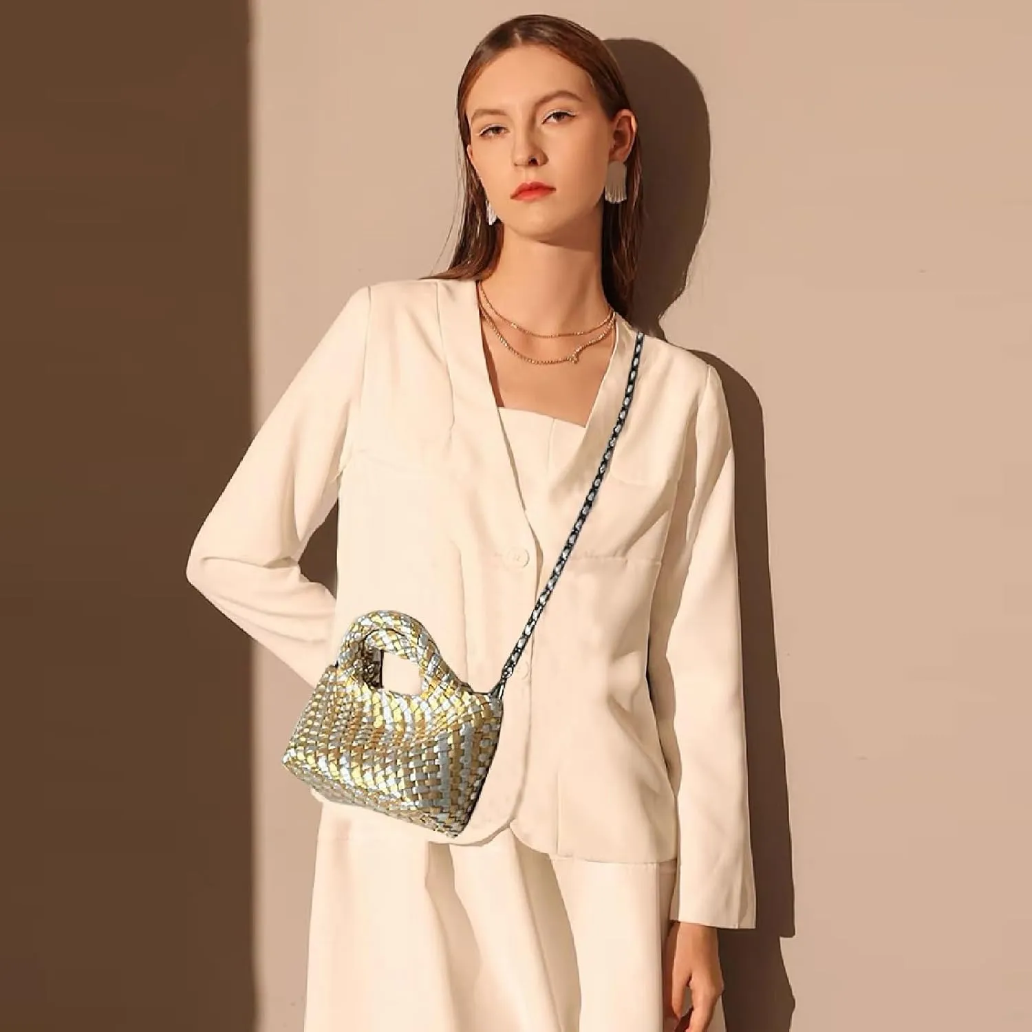 Woven Tote Bag for Women with Coin Purse, Foldable Chain Small Crossbody Handbags, Fashion Shoulder Bag, Hobo Satchel