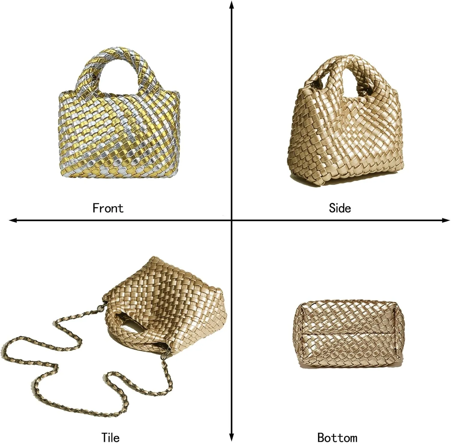 Woven Tote Bag for Women with Coin Purse, Foldable Chain Small Crossbody Handbags, Fashion Shoulder Bag, Hobo Satchel