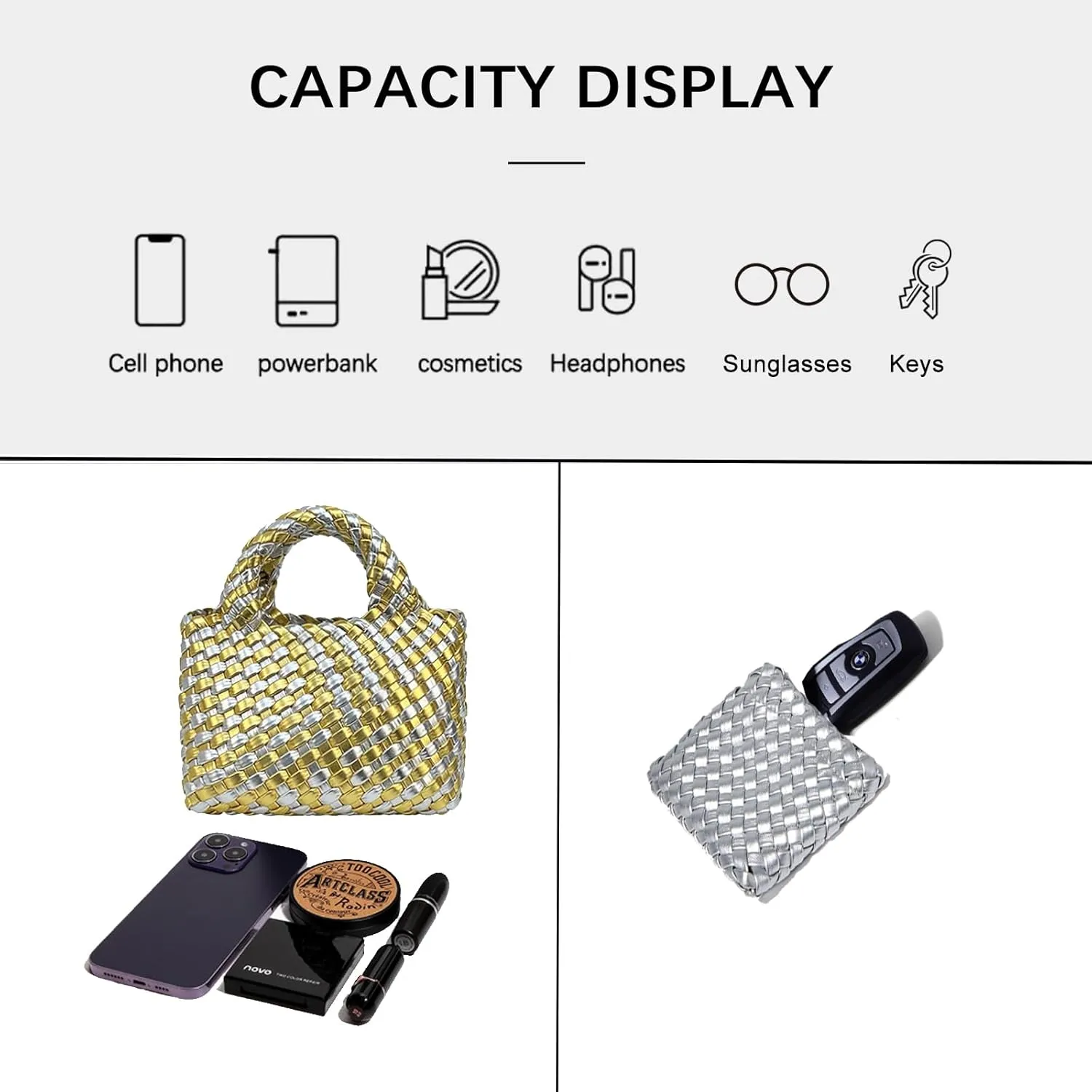 Woven Tote Bag for Women with Coin Purse, Foldable Chain Small Crossbody Handbags, Fashion Shoulder Bag, Hobo Satchel