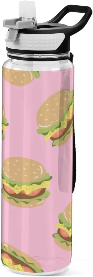 Wusikd Burger Pink Water Bottle Tritan BPA-Free Drink and Straw Leakproof Motivational Fast Food Drinking Water Bottles with Carrying Strap for Office, Gym, Outdoor Sports