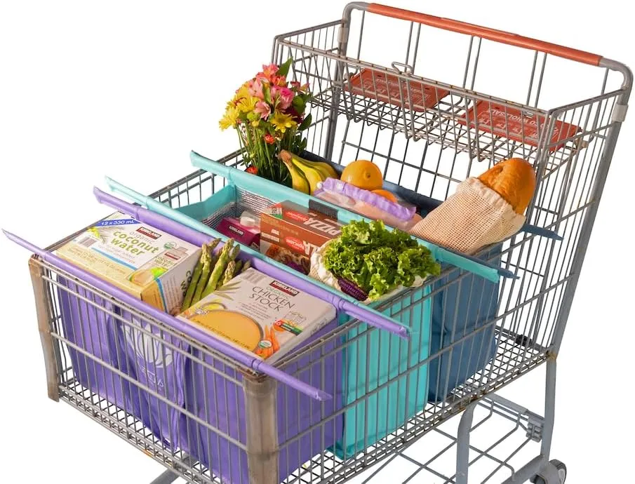 X-Large Lotus Trolley Bags for Shopping Carts - Set of 3 Club Store Reusable Shopping Bags, Grocery Bags with Insulated Cooler & Egg/Wine Holder, Foldable, Washable Cart Bags, Grocery Tote Bags