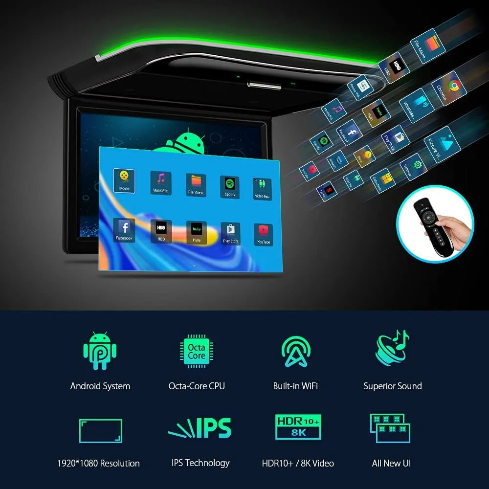 XTRONS Android Car Overhead Player 11.6 Inch Wide Screen Car Roof Mount Monitor Built-in Stereo Speakers Flip Down Overhead Car Monitor Support 8K Video Format HDMI USB, 2 Black IR Headphones Included