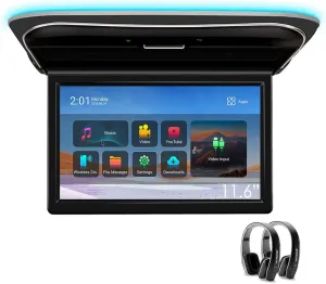 XTRONS Android Car Overhead Player 11.6 Inch Wide Screen Car Roof Mount Monitor Built-in Stereo Speakers Flip Down Overhead Car Monitor Support 8K Video Format HDMI USB, 2 Black IR Headphones Included