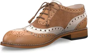 YDN Women Lace Up Oxford Carving Floral Saddle Color Block Brogues Wingtip Derby Low Heels Round Toe Shoes Business Working Size 4-16 US
