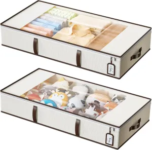 Yecaye 54L Under Bed Storage Containers, 2 Pack Foldable Underbed Storage Bins, Clothes Organizer with Clear Window & 3 PU Leather Handles, Zippered Organization Bags for Blankets, Comforter, Sweaters