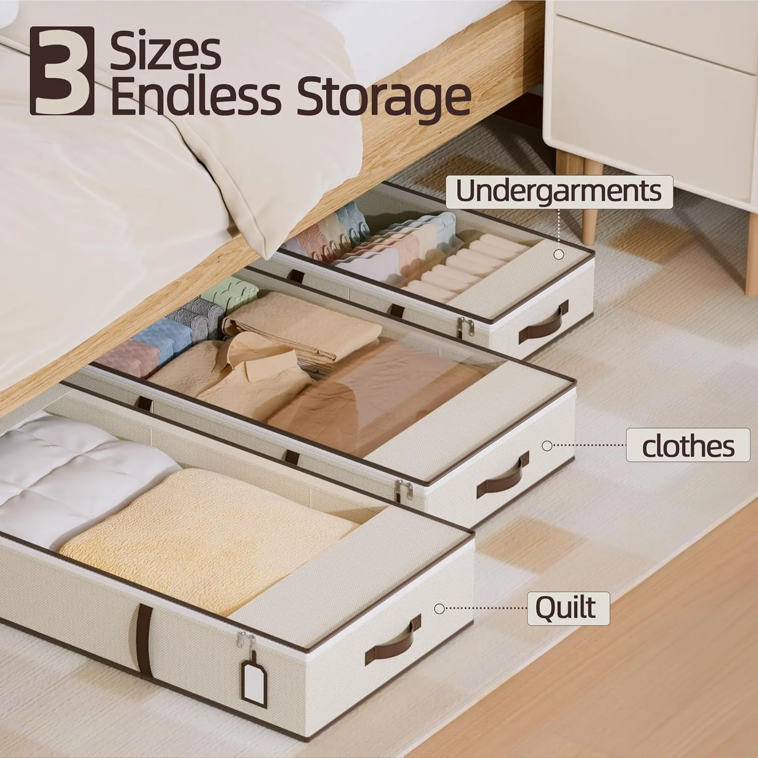 Yecaye 54L Under Bed Storage Containers, 2 Pack Foldable Underbed Storage Bins, Clothes Organizer with Clear Window & 3 PU Leather Handles, Zippered Organization Bags for Blankets, Comforter, Sweaters