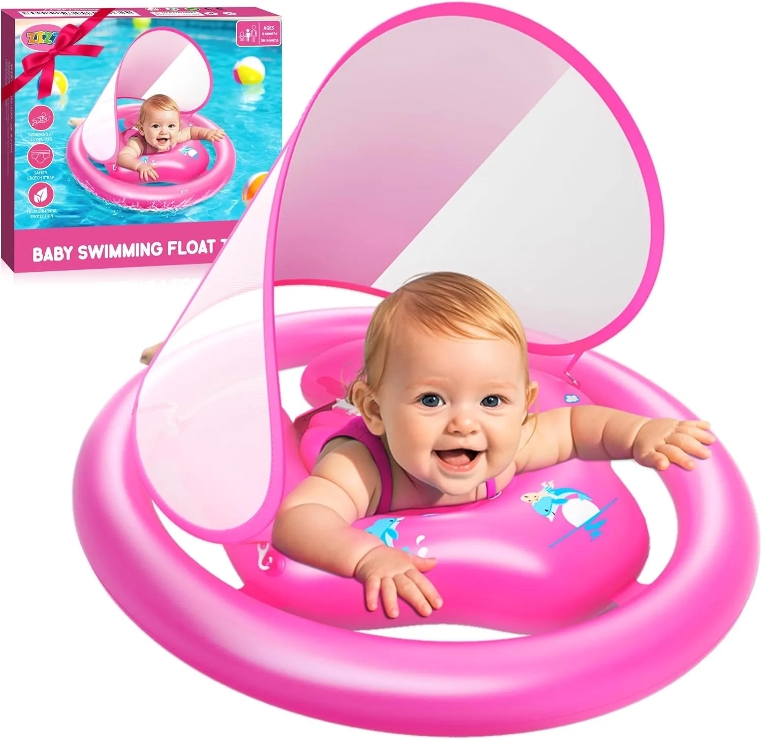 ZIZZ Swimming Float Baby-Toys Gifts: Inflatable Pool Float Toys with Sun Protection Canopy Beat Baby Gift for Age 6  Months 1 2 Years Old Kids Swimming Learning Activity