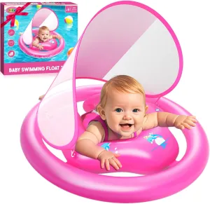 ZIZZ Swimming Float Baby-Toys Gifts: Inflatable Pool Float Toys with Sun Protection Canopy Beat Baby Gift for Age 6  Months 1 2 Years Old Kids Swimming Learning Activity