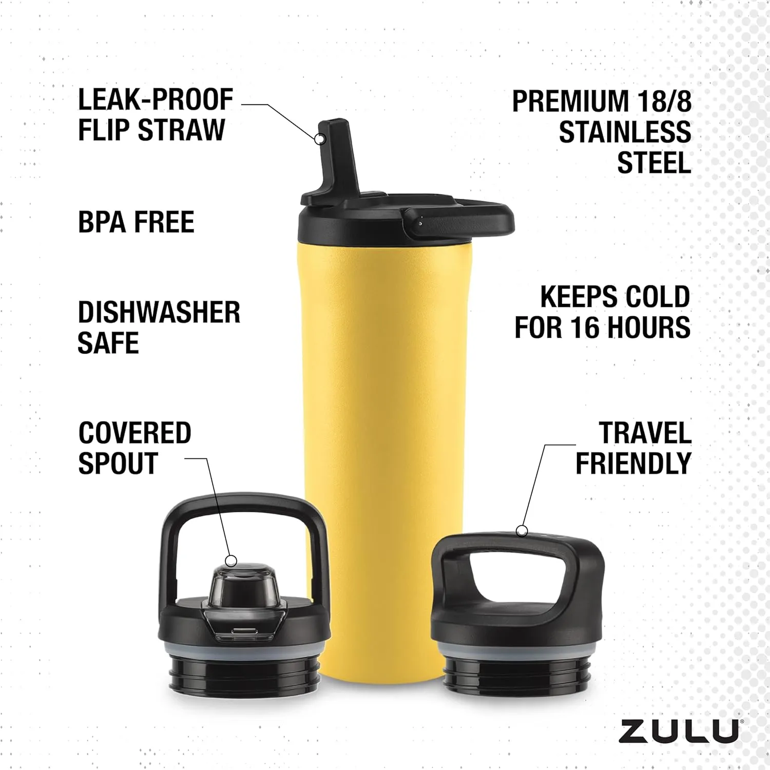ZULU Base 18oz Kids Stainless Steel Water Bottle with 3 Lids- Straw, Chug, Twist | Double Walled and Vacuum Insulated Metal Thermos | Fits Car Cupholder, Built in Carry Loop, Dishwasher Safe, Vitamin